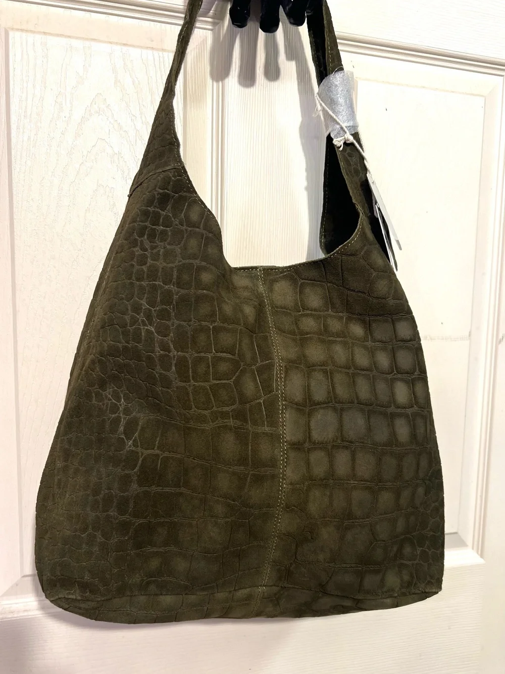 Haute Hippie olive green hobo bag with, crocodile-embossed suede design.NWT